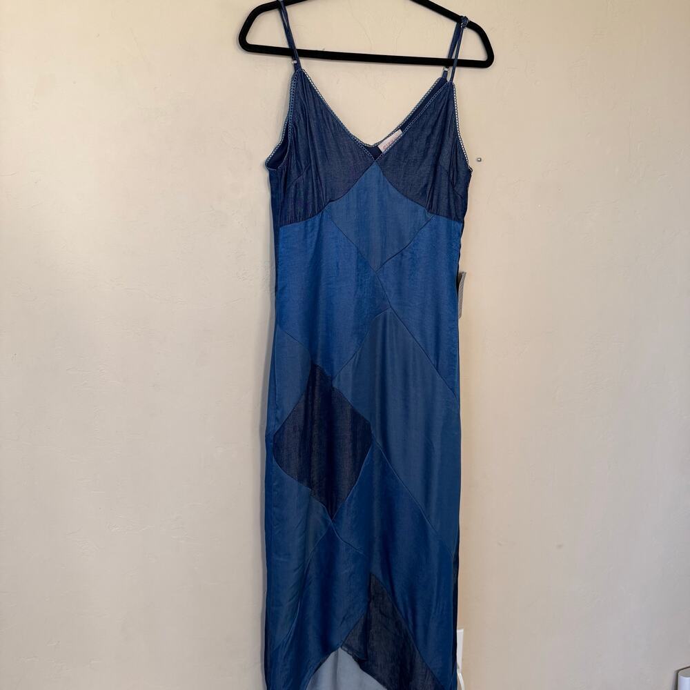 CIEBON Derica Patchwork Slip Dress Blue Satin Maxi Midi V-Neck Slipdress - Picture 6 of 14